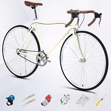 700C Racing Bike for Men Women, High Carbon Steel Frame, Drop Handlebar Single Speed Bike, Height Adjustable, Lightweight Road Bike, Adult Commuter Bicycle with V-Brake