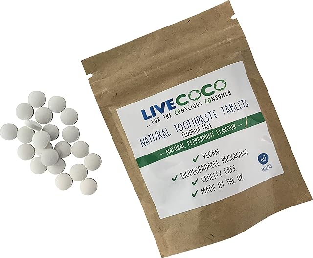 LiveCoco Toothpaste Tablets, Fluoride-Free, Teeth Whitening Tabs for Clean Teeth and Fresh Breath, Vegan and Travel Friendly, Peppermint Flavor, Pack of 60 Tabs