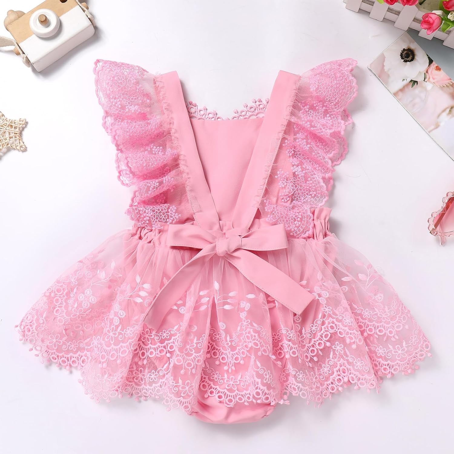 AWIBMK Baby Girl 1st Birthday Outfit Cake Smash Ruffle Sleeve V-Back Embroidery Flower Boho Lace Tulle Tutu Romper Dress