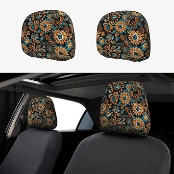 2Pack Car Seat Headrest Cover Boho Flower Breathable Elastic Auto Head Rest Covers Hippie Sunflower Car Accessories Universal Fit to All Car Truck SUV