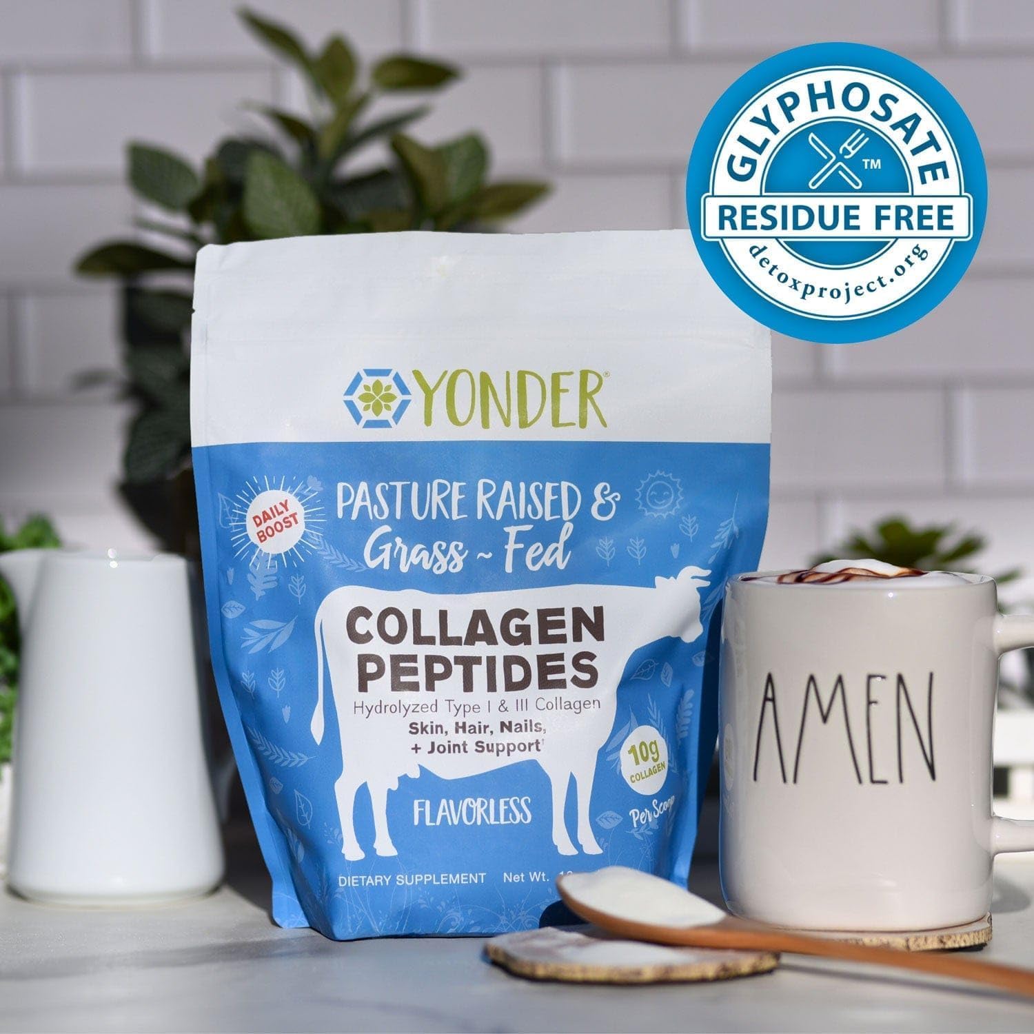 Yonder Grass-Fed Pasture-Raised Bovine Collagen Peptides Powder, Unflavored, Single Ingredient, Glyphosate Residue-Free, 10-20g Per Scoop, 45 Servings, Supports Hair, Skin, Nails, Joints & Bones