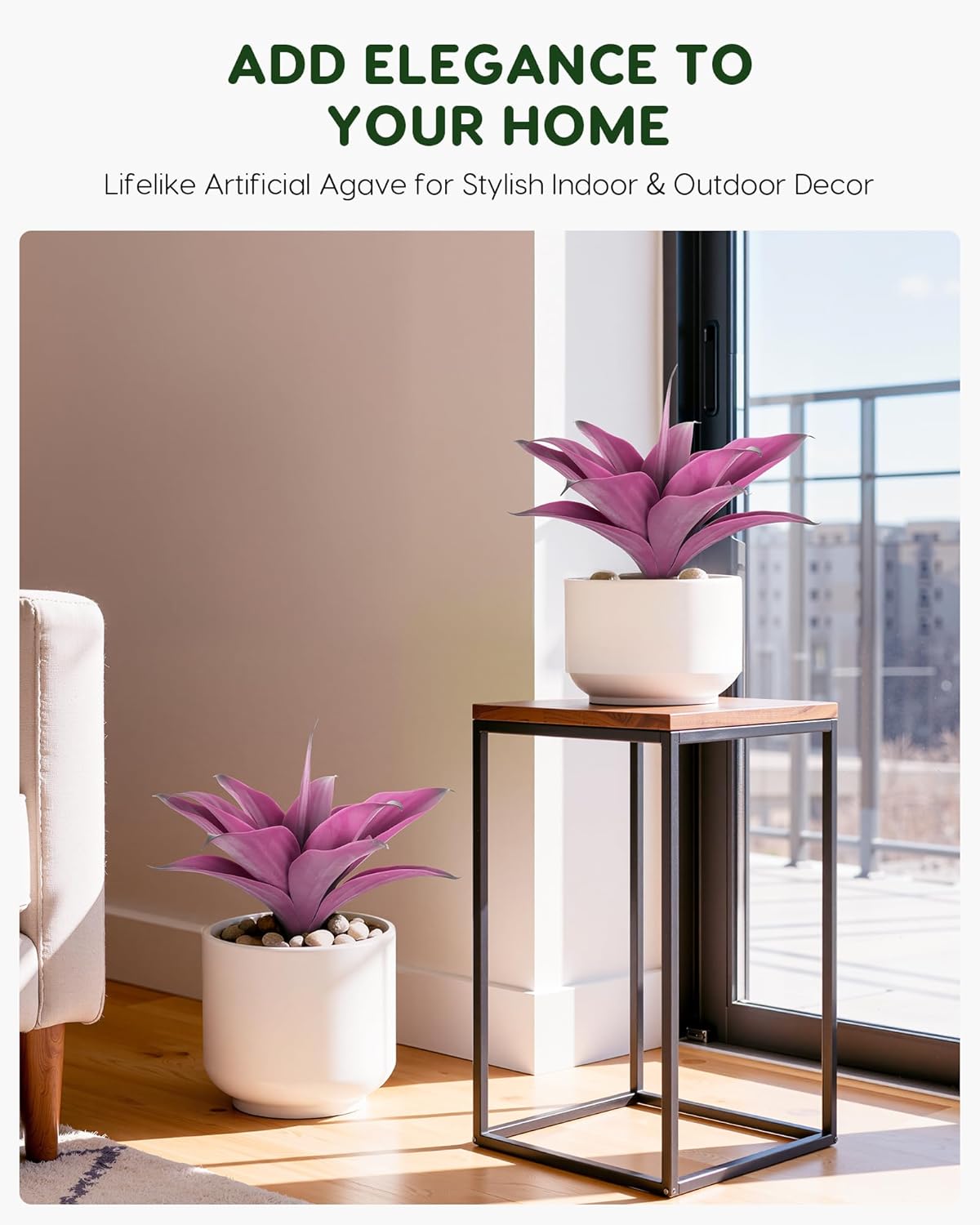 Velener 14 Inch Artificial Agave Plants, UV Resistant Fake Outdoor Plants, Small Faux Plants for Indoor Decor(Purple)-2 Pack