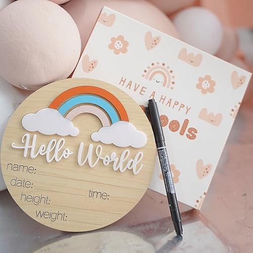 Miniatura 4 de Letrero de anuncio de madera para bebé, arcoíris de Hello World, 1 pieza, 3 elementos personalizables, dimensional 3D, fácil de mostrar, gran regalo