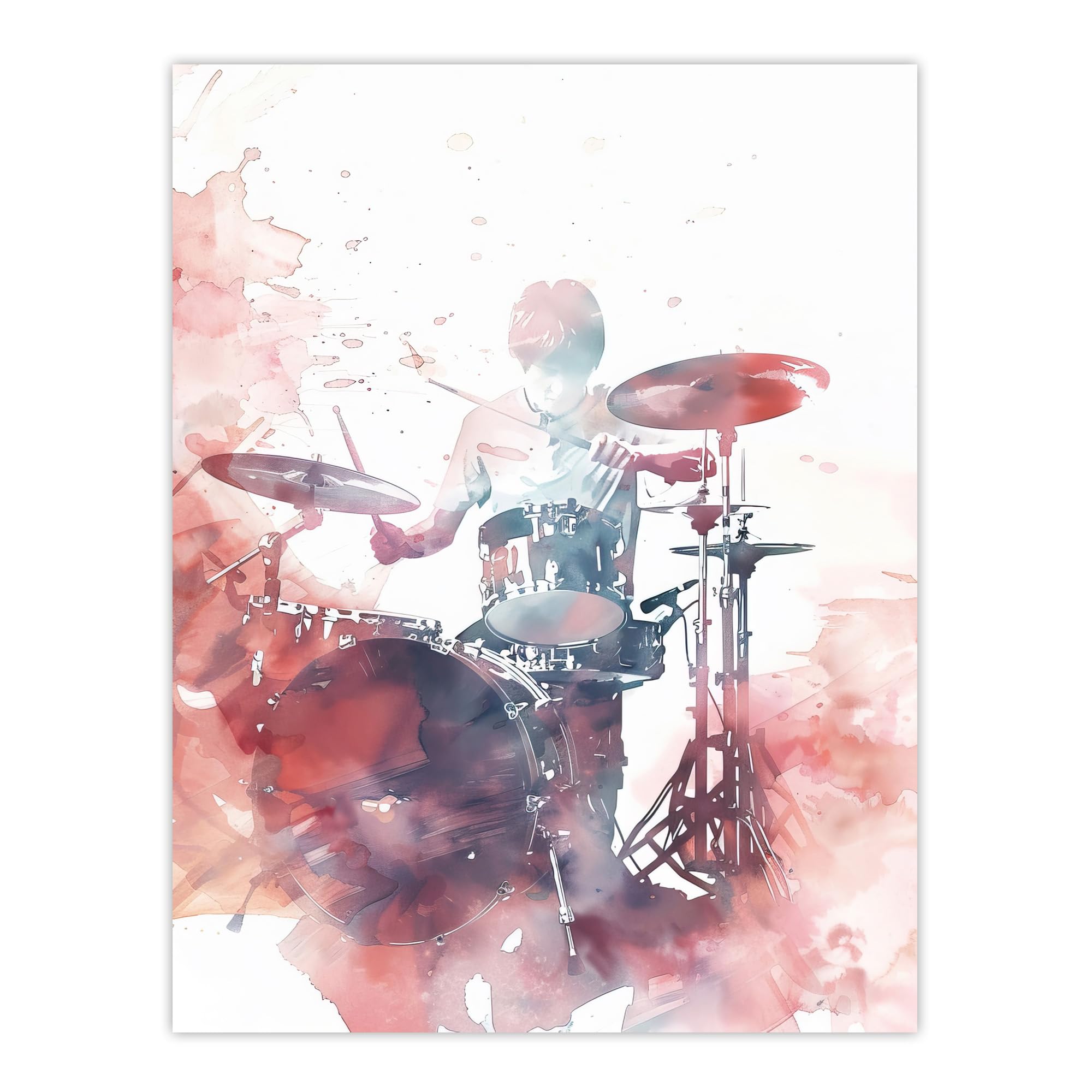 Artery8 Drummer Playing Drums Set Modern Watercolour Red Wall Art Print - W24 inch x H32 inch