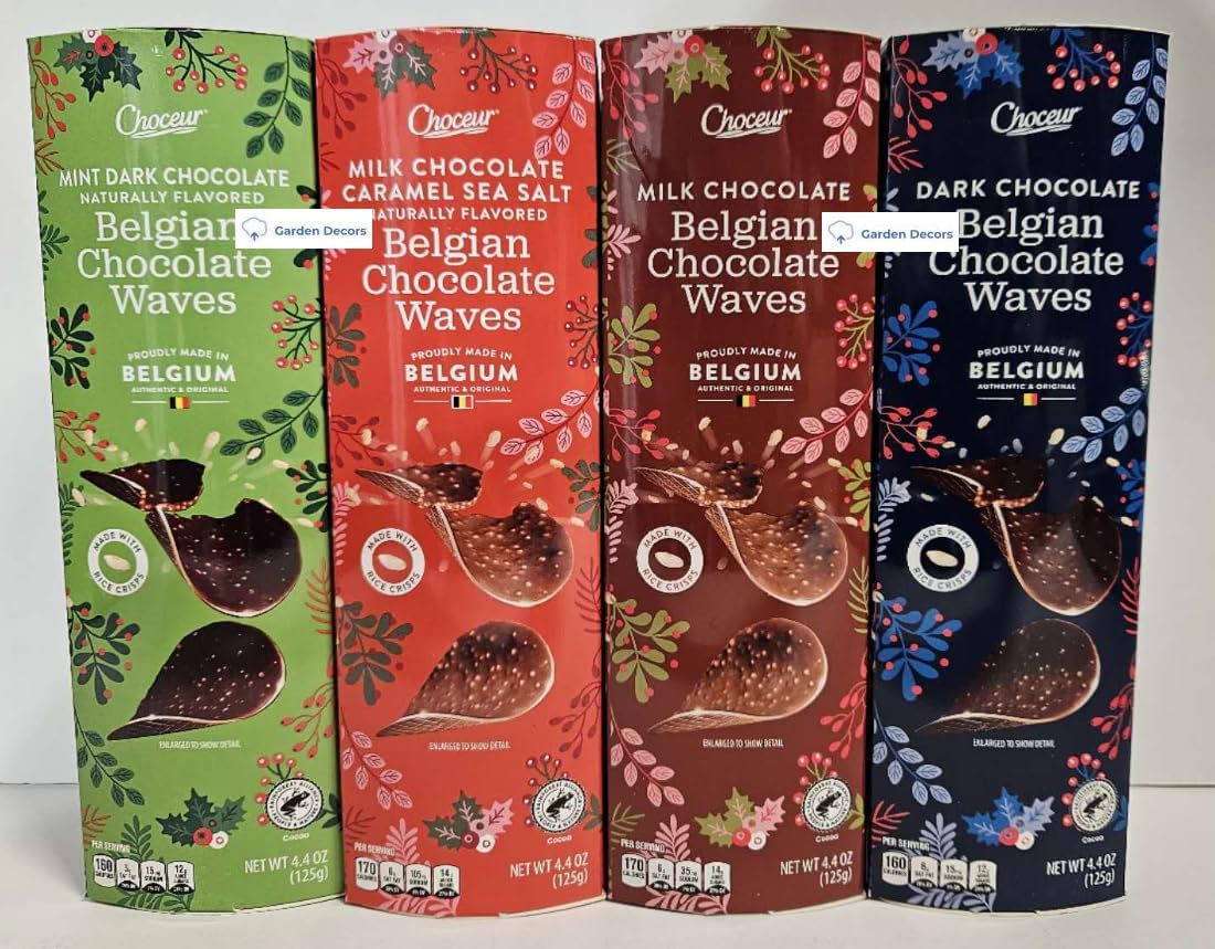 Belgian Chocolate Waves Milk, Salted Caramel Flavor, Mint Flavor, Dark 4.4oz 125g (4 Boxes)