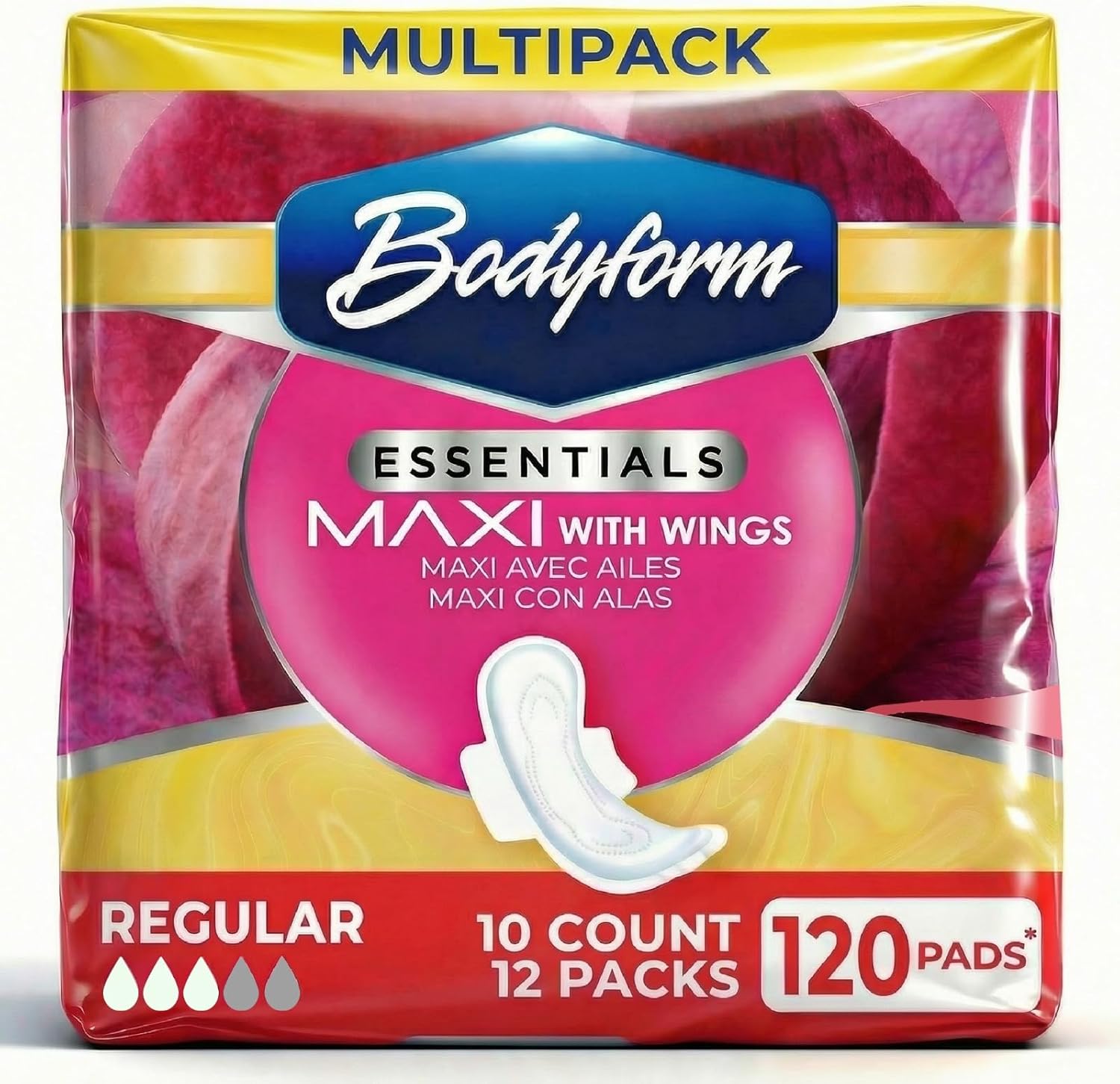 [120 Count] Essentials Maxi Pads with Wings | 10 Count (Pack of 12), Sanitary Pads for Women, Super-Soft & Leak-Proof Period Pads, Advanced Absorbent Core with Wings | Regular