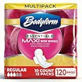 [120 Count] Essentials Maxi Pads with Wings | 10 Count (Pack of 12), Sanitary Pads for Women, Super-Soft & Leak-Proof Period Pads, Advanced Absorbent Core with Wings | Regular