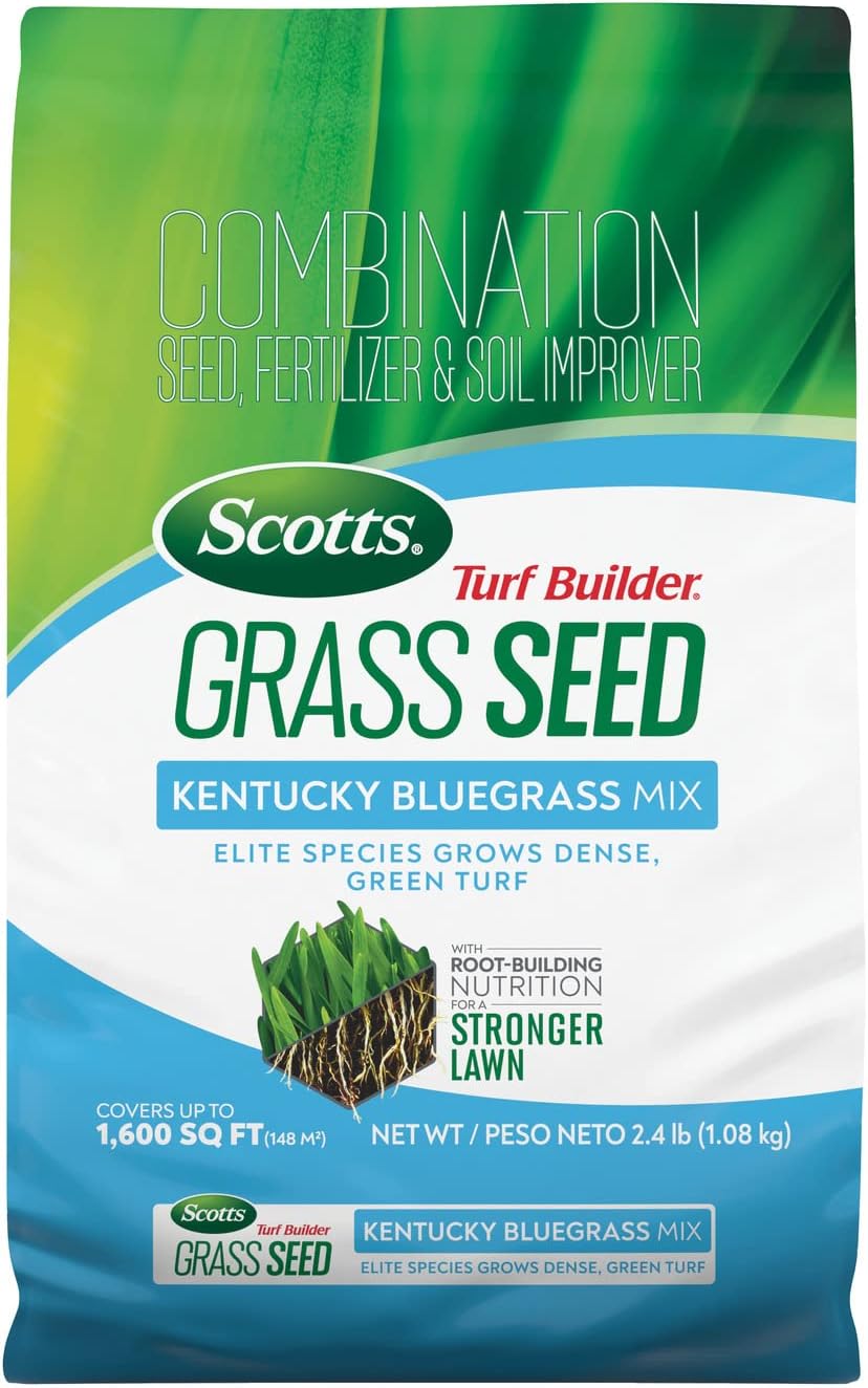 Scotts Turf Builder Grass Seed Kentucky Bluegrass Mix - Grass Seed Plus Lawn Fertilizer and Soil Improver, Grows Dense, Green Turf, Covers Up to 1,600 sq. ft., 2.4 lb.