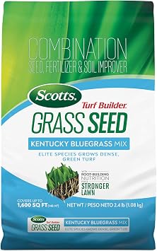 Scotts Turf Builder Grass Seed Kentucky Bluegrass Mix - Grass Seed Plus Lawn Fertilizer and Soil Improver, Grows Dense, Green Turf, Covers Up to 1,600 sq. ft., 2.4 lb.