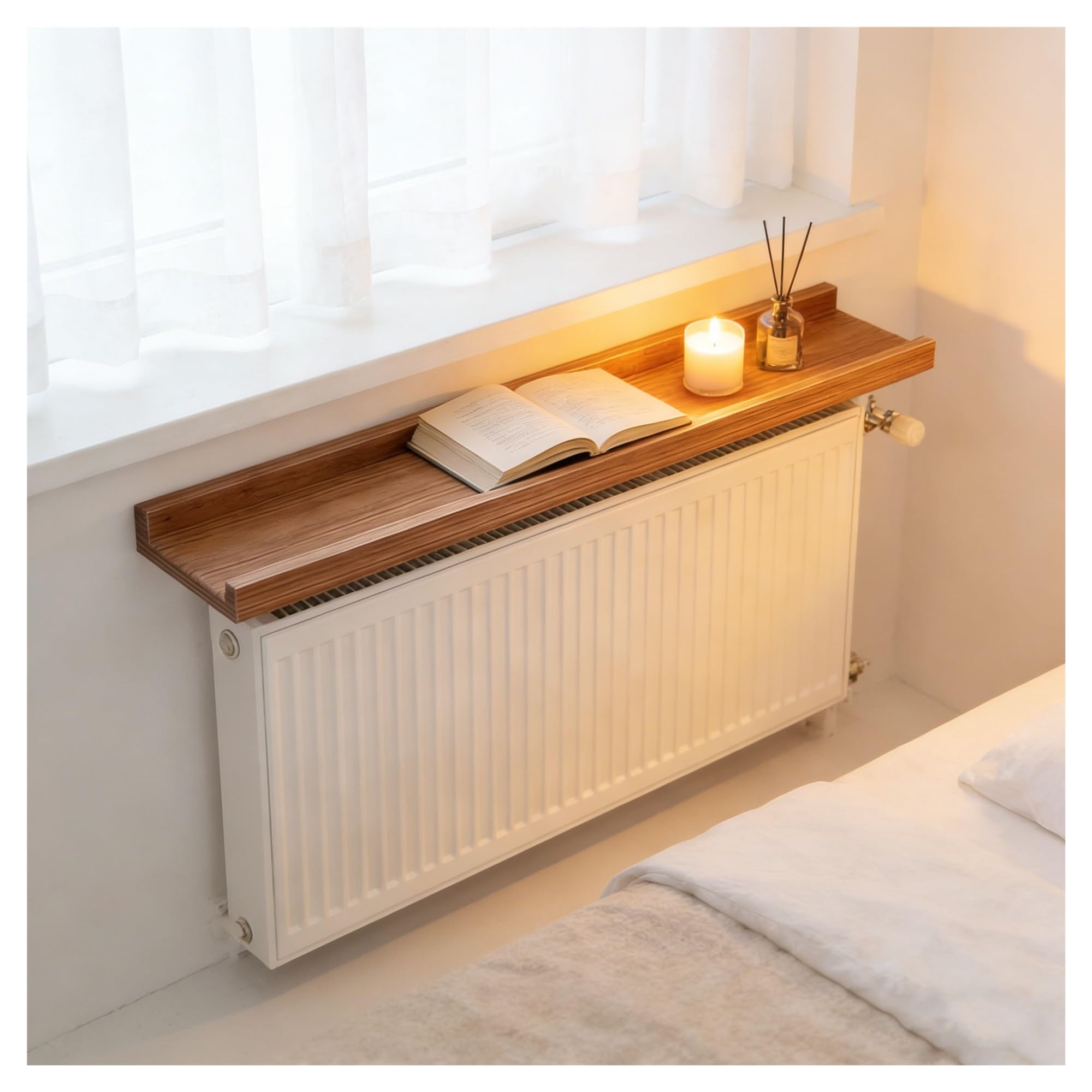Questa mensola copriradiatore in Legno dal Design Rustico è Ideale per Soggiorno, Cucina, Camera da Letto e Bagno - Salvaspazio, Facile da Montare (Bianca, 30x15 cm/11,81x5,91 Pollici)