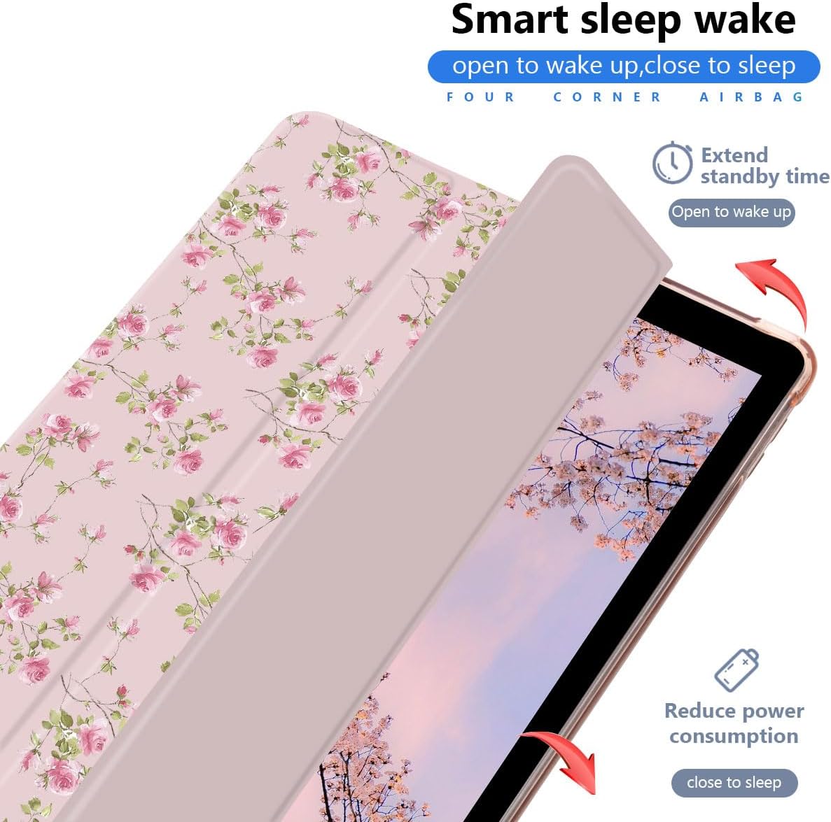 Pink Floral Case for iPad mini 7 (A17 Pro) 2024 / iPad mini 6 2021 8.3 Inch Cute Flower Blossom Trifold Stand Pink Leather Case with Pencil Holder Auto Wake/Sleep image 2