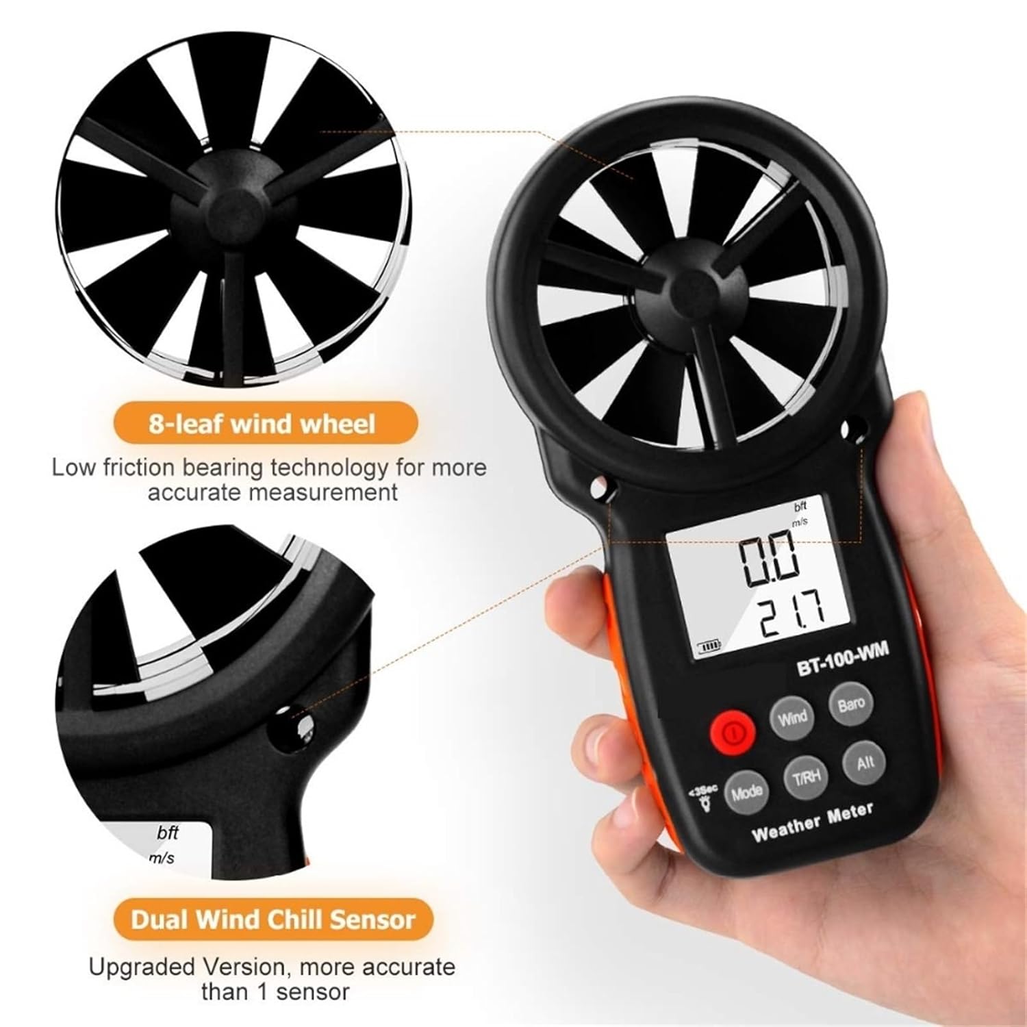 BT-100-WM Handheld Digital Anemometer and Barometer, Wind Speed, Temperature, Wind Chill, Humidity Testing Instruments