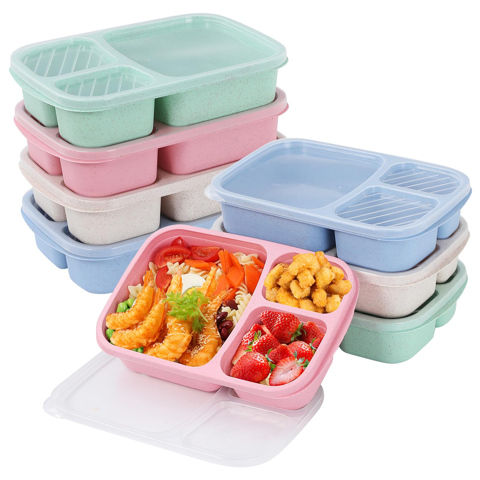 8 Pack Bento Lunch Box Set 3 Compartment Wheat Straw Meal Prep Food Storage Containers Plastic, Microwave and Dishwasher Safe(light colour)