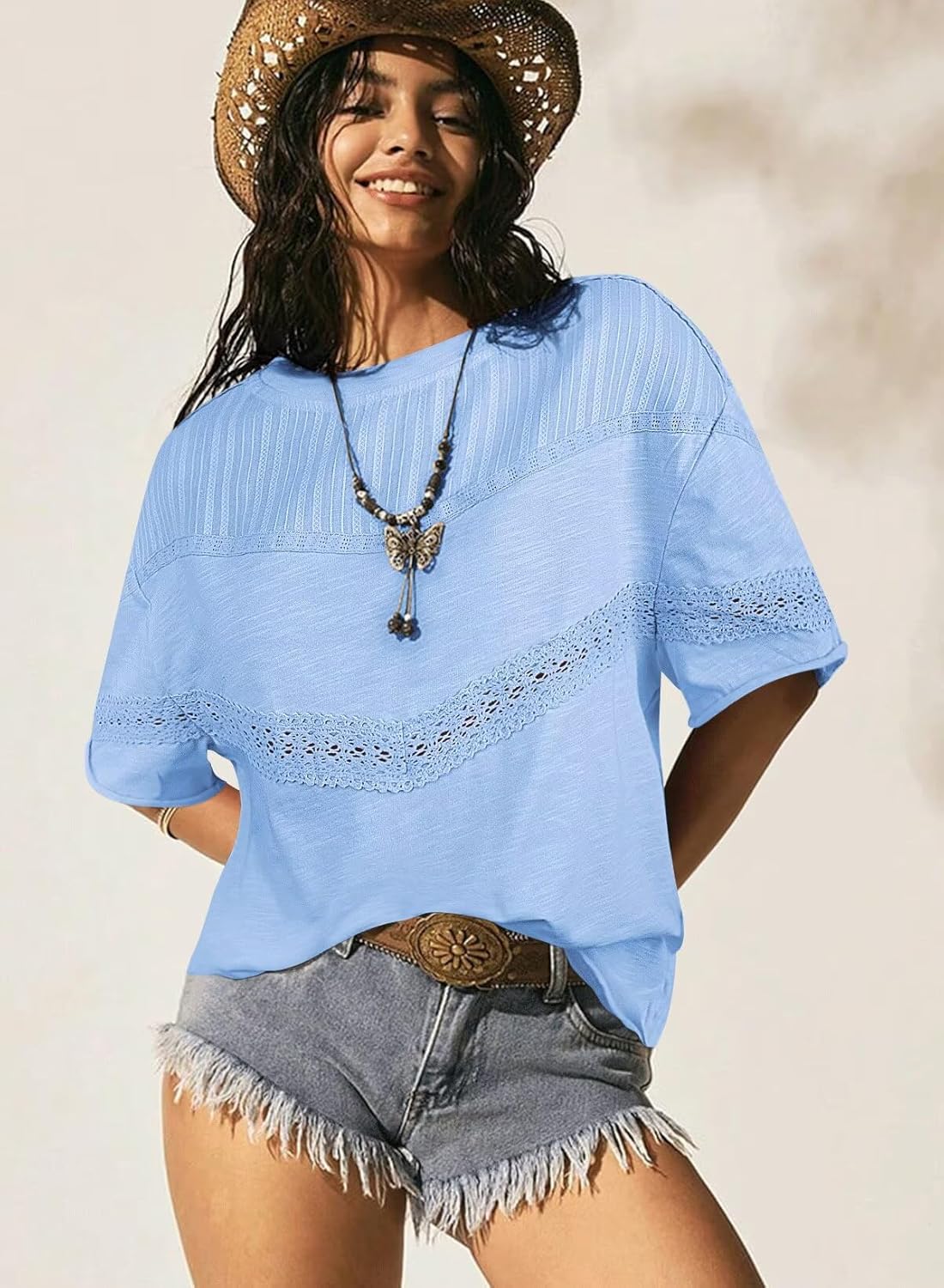 Womens Summer Tops Oversized Short Sleeve Boho Casual Shirts Flowy Lace Crochet Eyelet Loose Blouse Trendy 2025 - Image 6