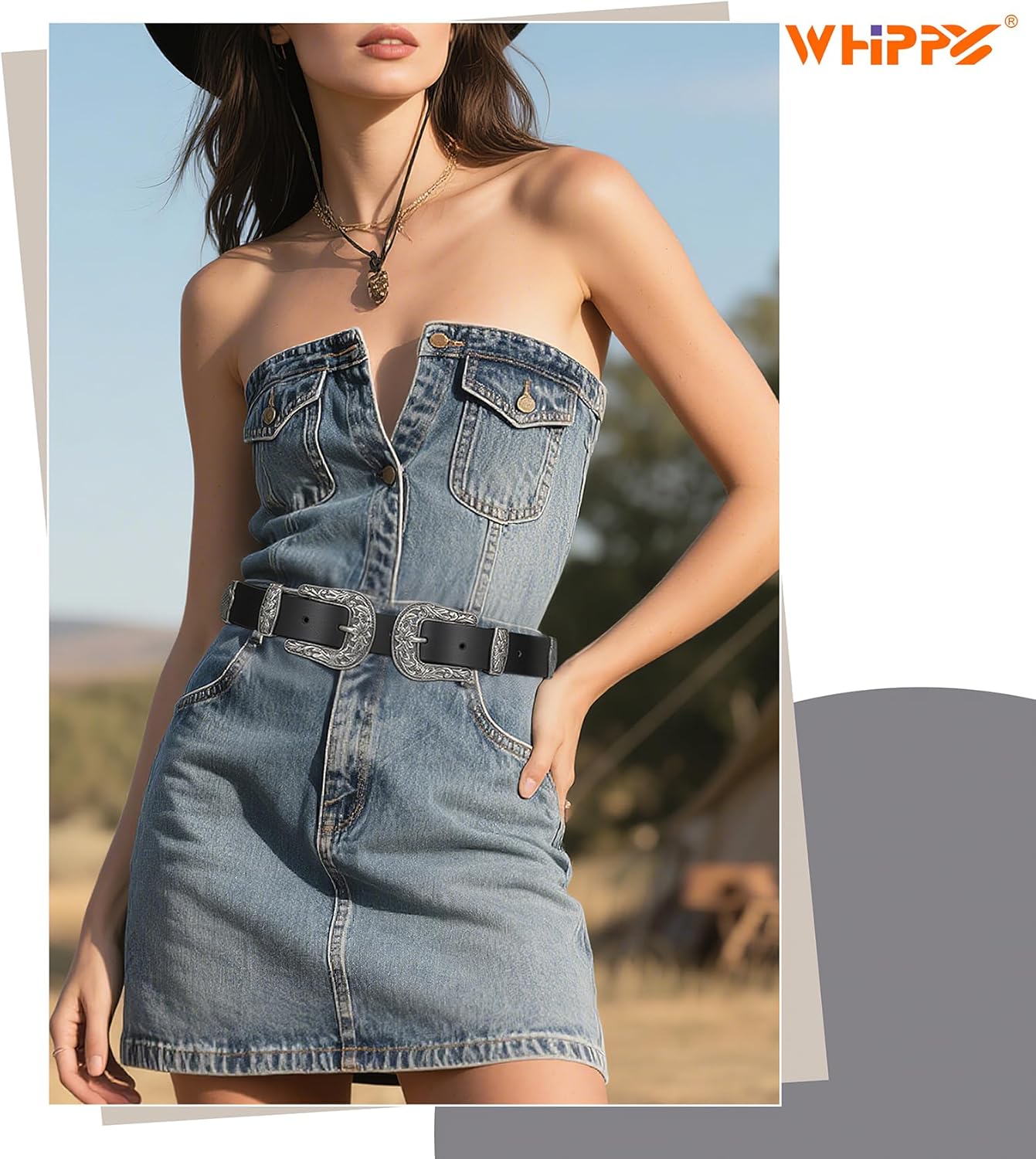 WHIPPY Vintage Western Leather Belt for Women Double Buckle Retro Cowgirl Waist Belts for Jeans Pants Dresses - Image 4