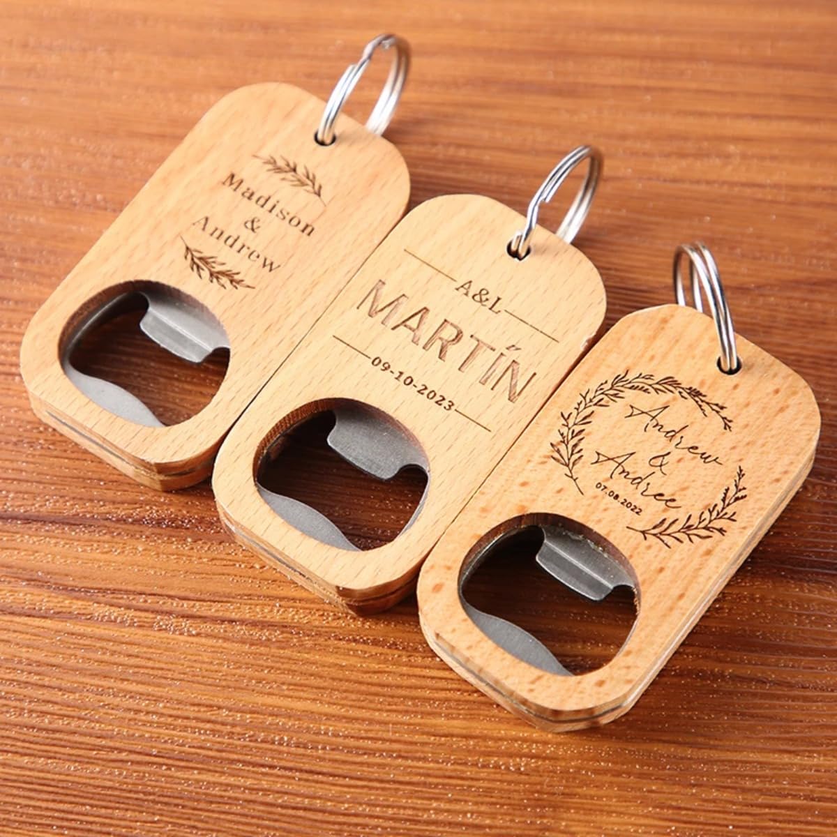 Abridor de botellas de madera grabado personalizado, abrebotellas de madera grabado personalizado para bodas (50 unidades)