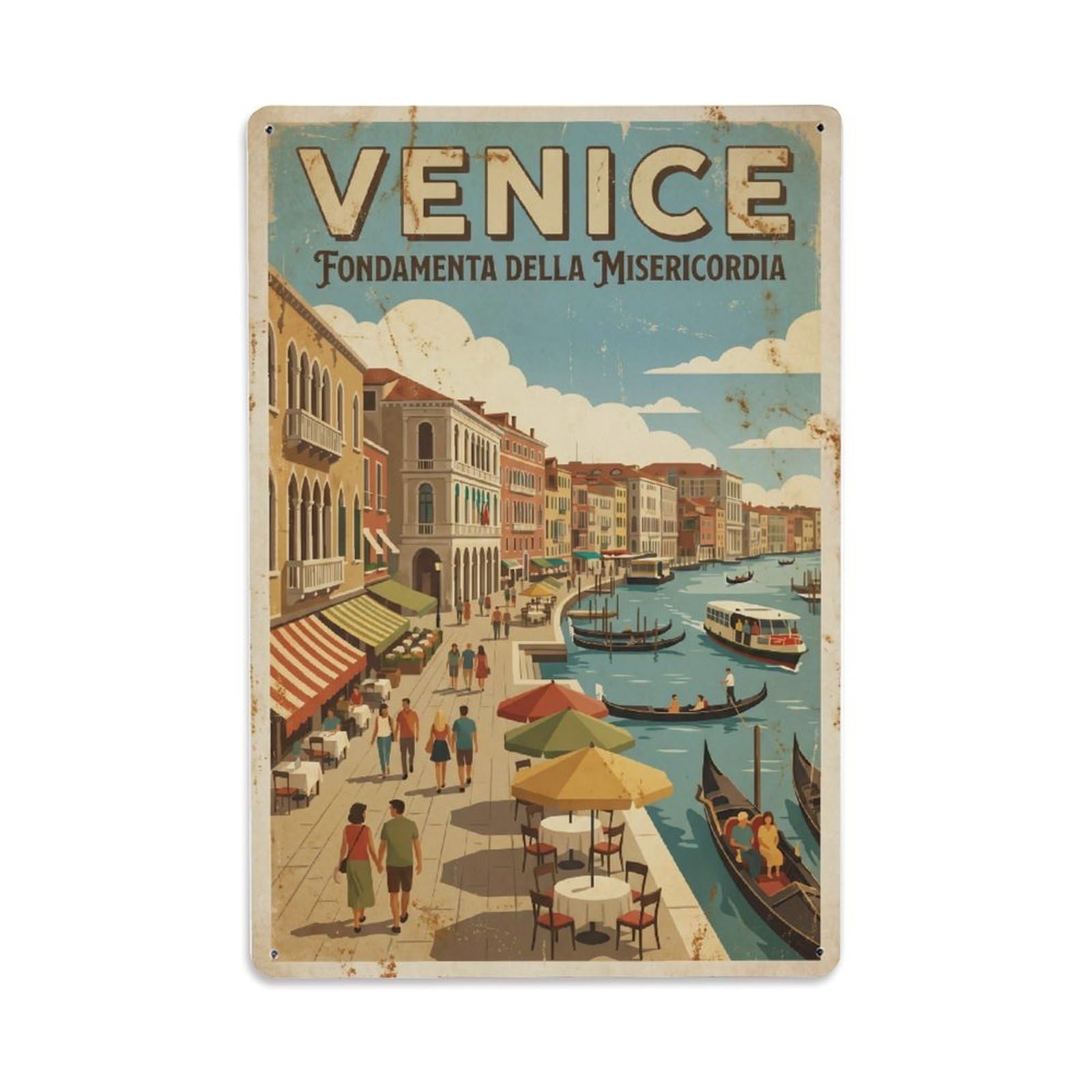 Vintage Travel Venice Fondamenta Della Misericordia Canalside Promenade Rusted Italy Metal Tin Sign Plaque Wall Decor for Cafe, Club Bar, Office, Home Garden Metal Poster 8x12Inch