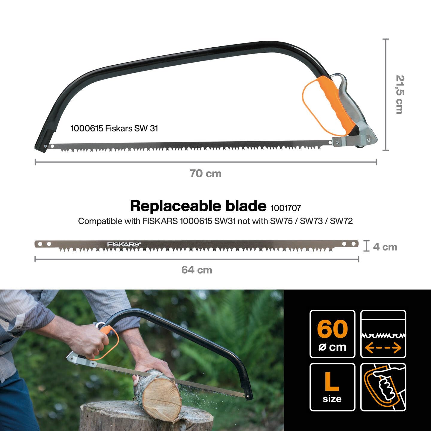 Fiskars 24” Bow Saw SW31, Fixed blade, Length: 70 cm, Plastic blade guard included, Steel, Black/Orange, 1000615