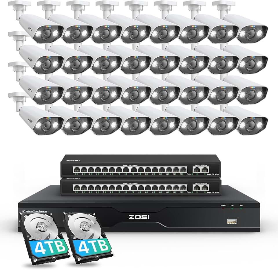 ZOSI 32CH 4K PoE Security Camera System, 32x 8MP Spotlight Cameras, 8TB HDD