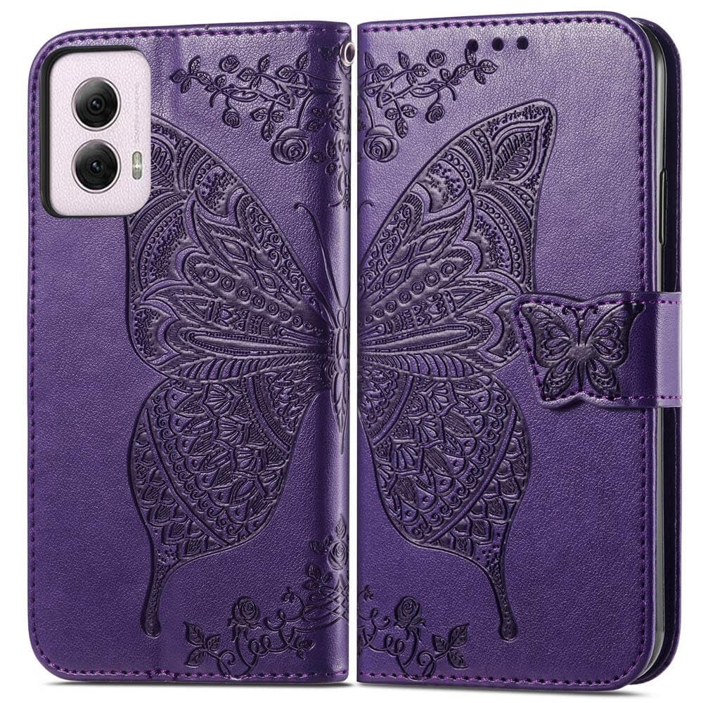 KRHGEIK for Moto G Power 5G 2024 Case Wallet,Women Flip Folio Cover with Credit Card Holders Butterfly Embossed PU Leather Kickstand Wrist Strap Phone Case for Motorola Moto G Power 2024 (Purple)