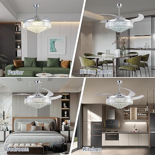 Miniatura 6 de DuMaiWay Ventilador de techo regulable de 52 pulgadas con luces, candelabro, ventilador de techo retráctil de cristal con control remoto, luz LED