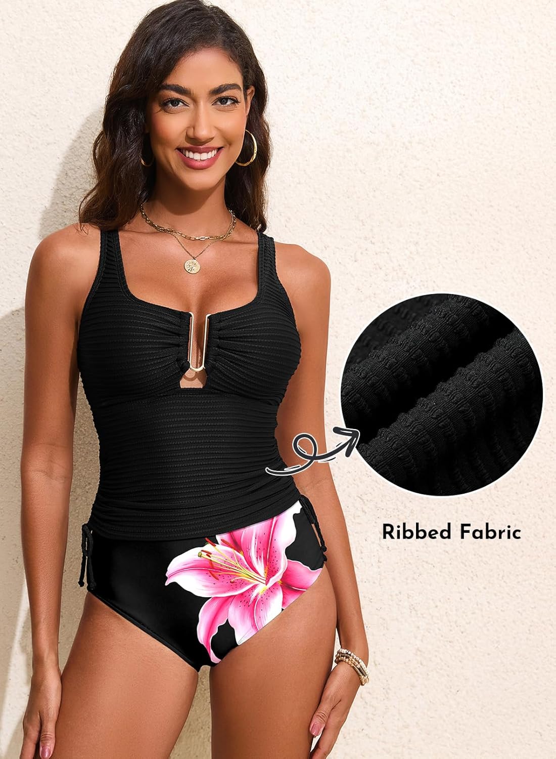 Aleumdr Women's Textured Tankini Swimsuits Tummy Control Ruched U-Wire Cutout Two Piece Bathing Suits with Bottom - Image 8