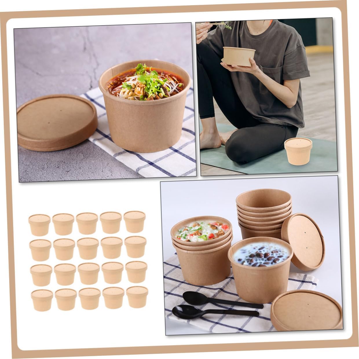 ARTIBETTER 50pcs 8oz Kraft Paper Soup Bowls with Lids, Thickened Disposable Ice Cream Cups for Cold Soup and Dessert Storage, Food-grade Takeout Containers for Homemade Yogurt and Ice Cream