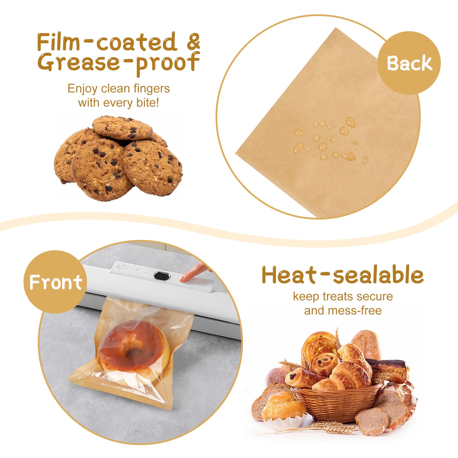 100Pcs Kraft Paper Sandwich Bags,Reusable Food Lunch Bags,Food Pouches With Clear Window And Sealing Sticker,Candy Cookies Snacks Baking Packaging (kraft Paper, 20 * 19