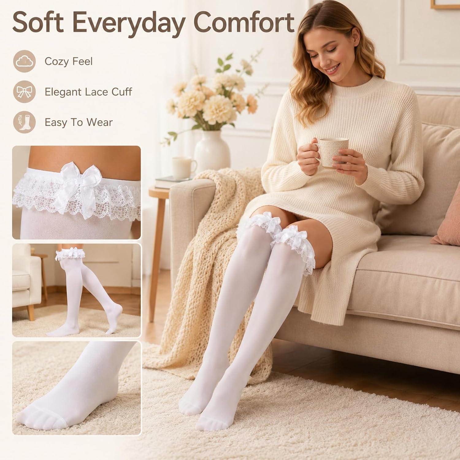 Knee High Socks With Bows For Women Girls 2 Pairs White Lace Ruffle Long Socks Cute Lolita Thigh High Stockings, Princess Style Dress Sock For Daily Wear, School Uniforms, Dance & Cosplay