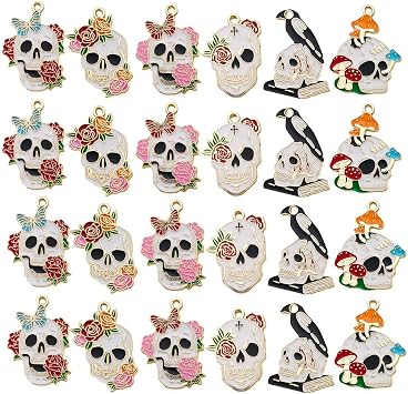 WOCRAFT 24pcs Gothic Rose Skull Charms for Jewelry Making - Gold Enamel Halloween Charms for Bracelets, Necklaces, Earrings