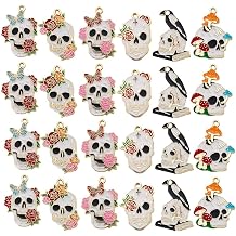 WOCRAFT 24pcs Gothic Rose Skull Charms for Jewelry Making - Gold Enamel Halloween Charms for Bracelets, Necklaces, Earrings