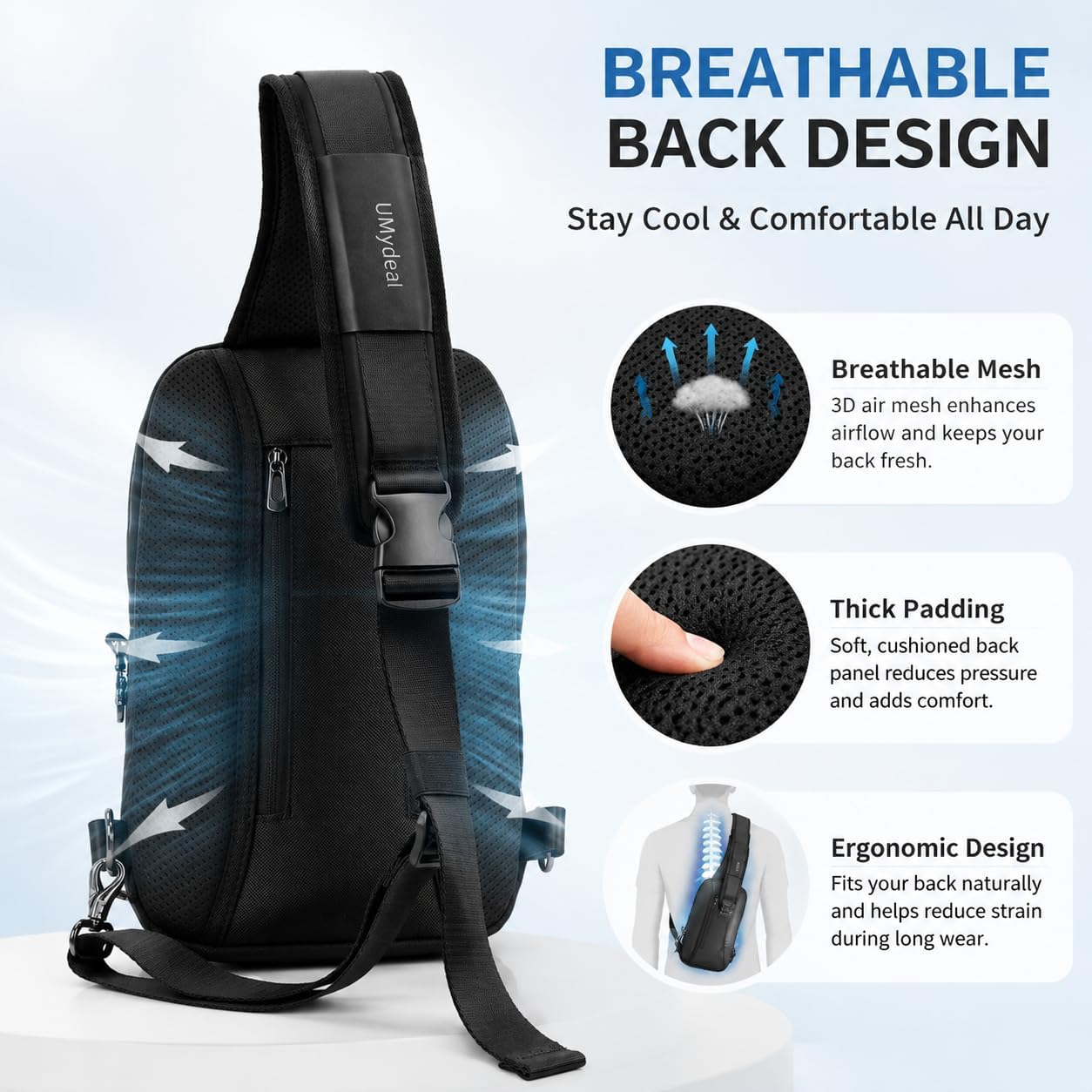 12L Sling Backpack RFID Anti Theft Sling Bag Mens Crossbody Bag for 14-inch Laptop Water-resistant Casual Chest Shoulder Bag for Daily Use Work Travel (Black Large)