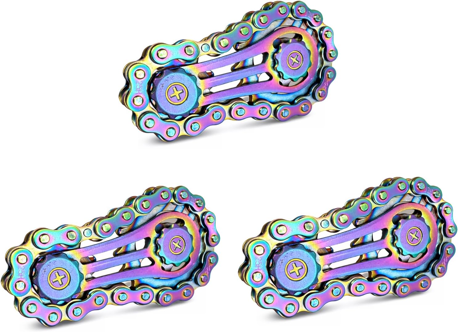 Rainbow Bike Chain Metal Desk Gadget Set (3 Pack) – Durable Mechanical Gear Fidget Accessory for Adults, Quiet Rotating Kinetic Desk Companion