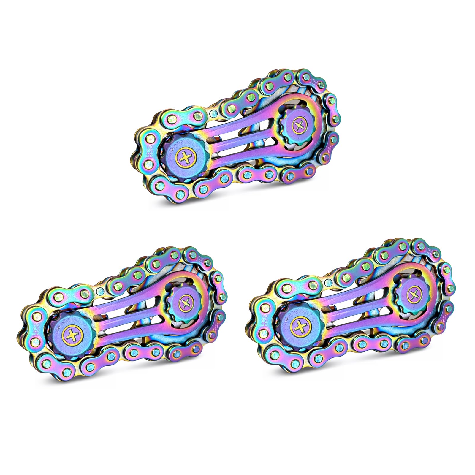Rainbow Bike Chain Metal Desk Gadget Set (3 Pack) – Durable Mechanical Gear Fidget Accessory for Adults, Quiet Rotating Kinetic Desk Companion