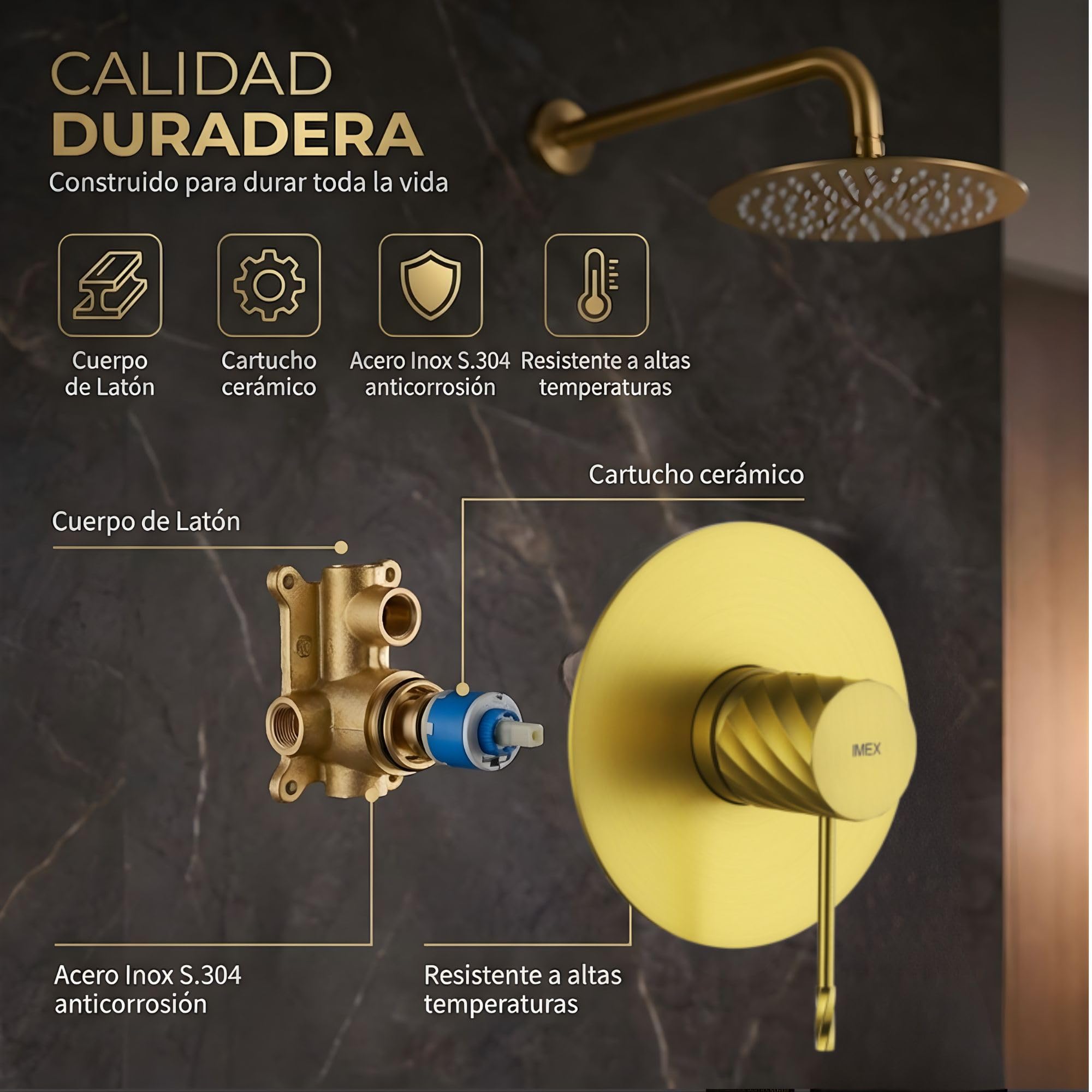IMEX - Ducha Empotrada Oro Monomando | Conjunto de Grifería Empotrado con Rociador Antical Efecto Lluvia Dorada | Columna Ducha Empotrada con Grifo en Latón y Acero Inox S.304 (SIN ALCACHOFA)