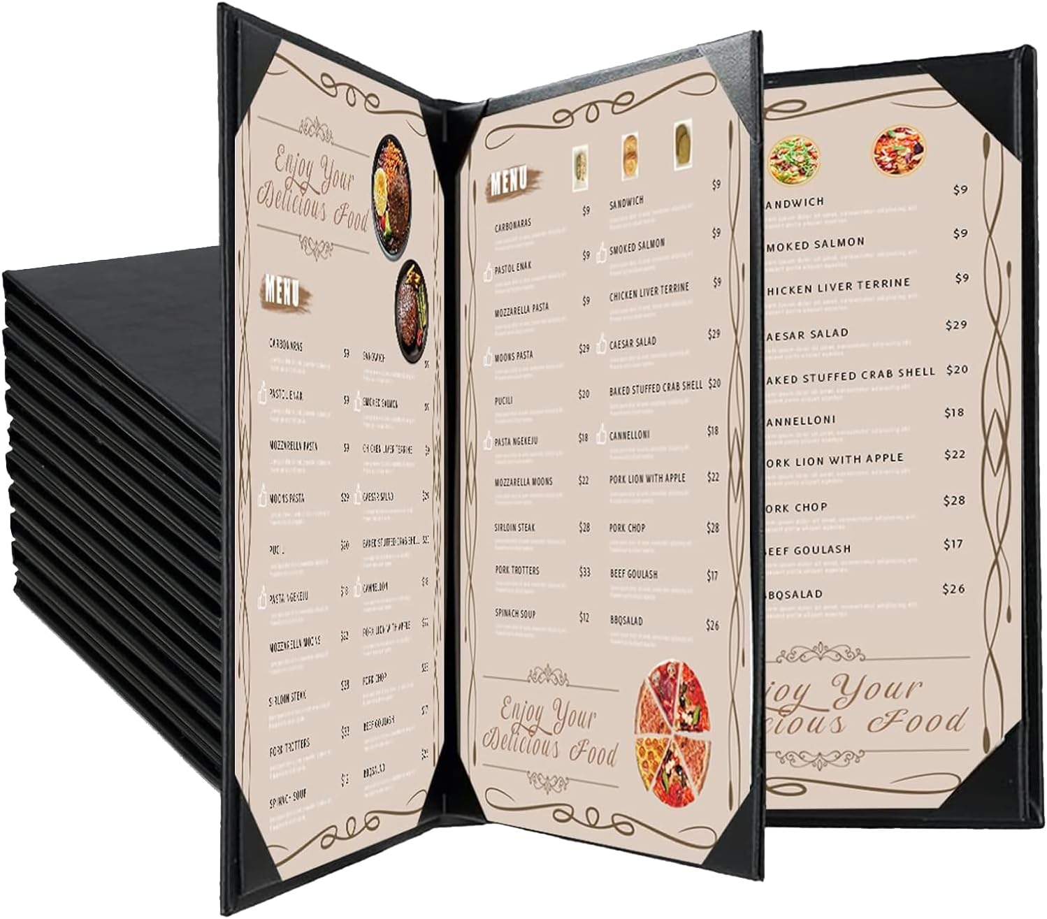 12Pack Restaurant Menu Covers Holders 8.5" X 11" | Synthetic Leather 4 View Menu Holder Covers Book Style with Angled Corners Black for Wine List (12, 4 View (8.5" x 11"))