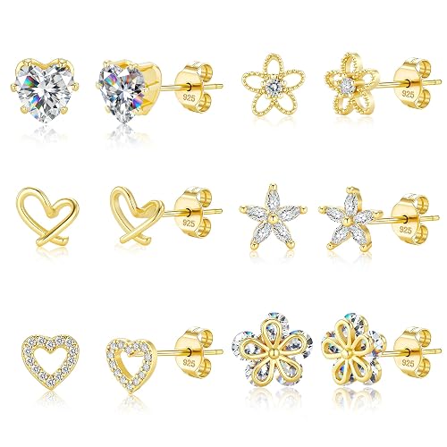 ALEXCRAFT Small Gold Stud Earrings - 6 Pairs Cute Heart Studs for Women - Cubic Zirconia - Hypoallergenic - Pack