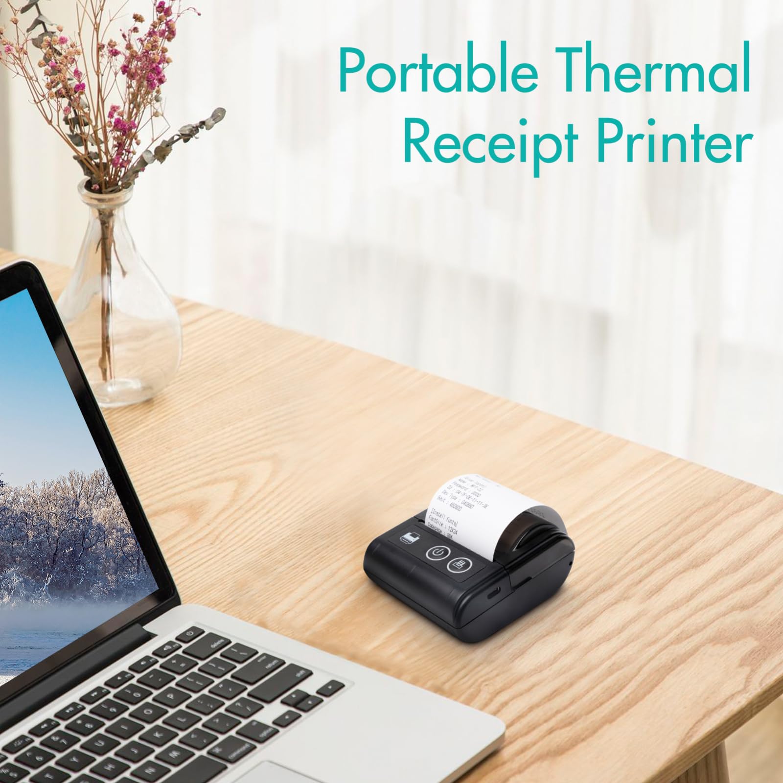 Mini imprimante thermique portable USB et Bluetooth 57 mm sans fil haute vitesse 1 rouleau de papier intégré compatible iOS, Android, Windows pour restaurant, vente au détail