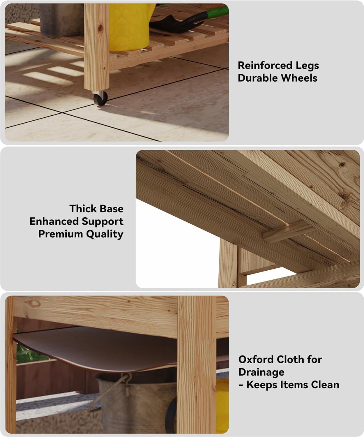 Close-up of the reinforced legs and durable caster wheels of the garden bed.