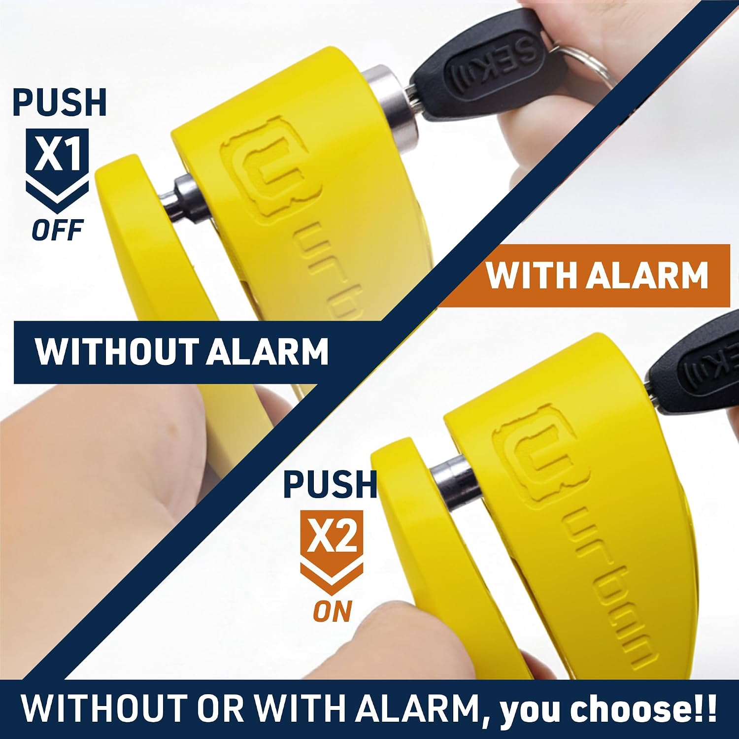 Urban UR910Y Motorcycle Lock with/Without Alarm 120 dB, Yellow+Black Painted Stainless Steel +Deterrent, SRA & Sold Secure Gold Approved, Double Lock Ø10 mm, CR2 Battery, Wheel Disc Brake