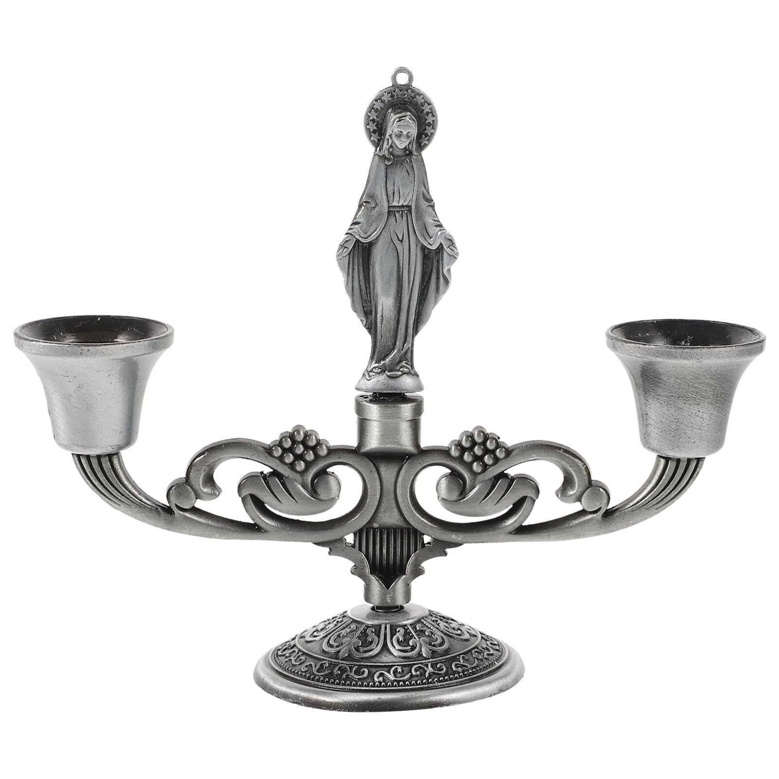 Alipis Candelabra Candle Holder, Crucifix Virgin Pillar Candle Stand 2 Arm Taper Candle Stand Candlestick Holder for Catholic Church Table Centerpiece Decor Sliver