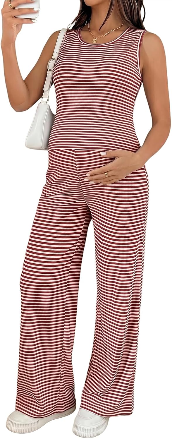 BLENCOT Maternity Clothes Striped Sleeveless Sets Casual 2 Piece Matching Outfits Set Pajamas Lounge Sleepwear