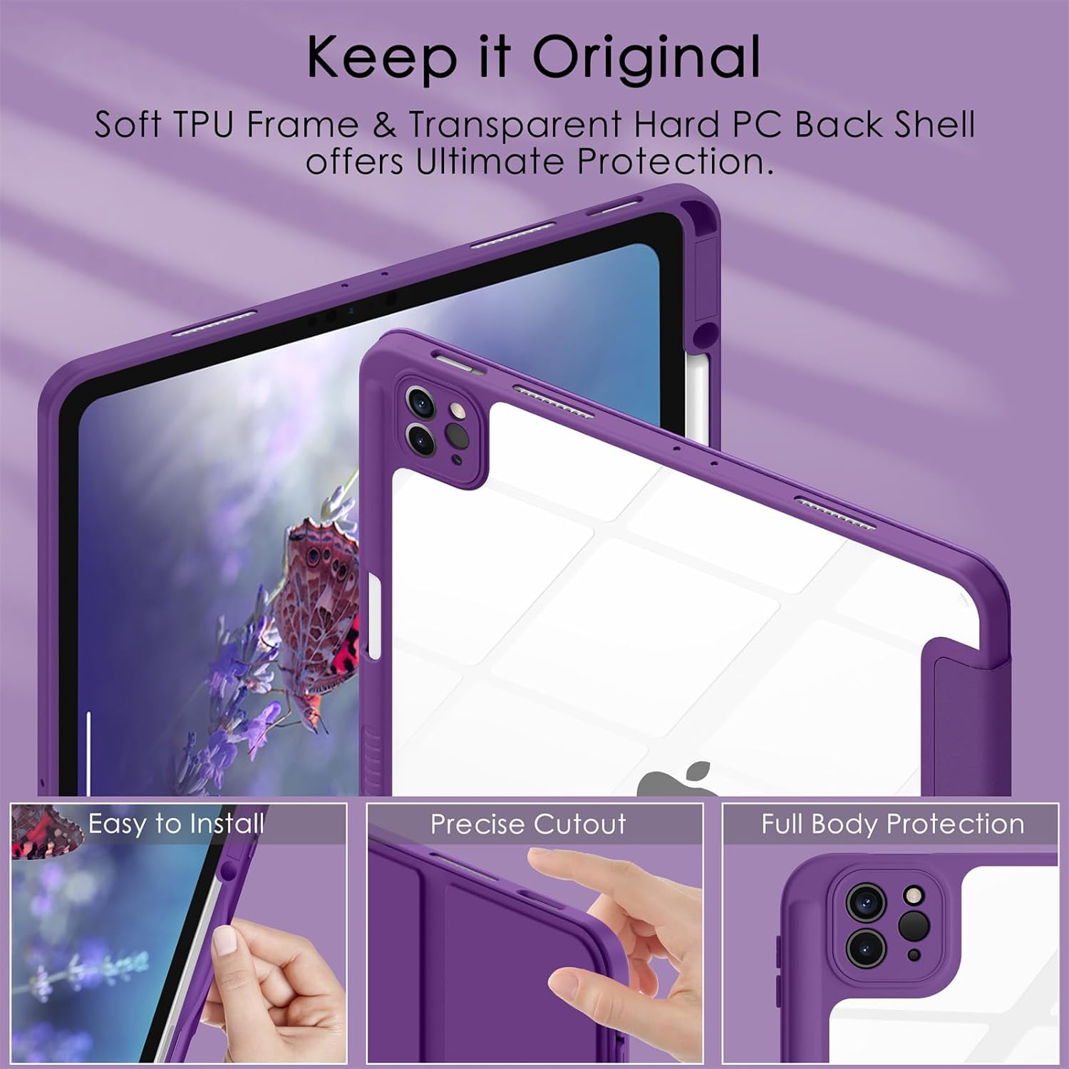 Soke Case for iPad Pro 12.9 Inch (6th/5th/4th/3rd Generation, 2022/2021/2020/2018) - Pencil Holder + Auto Sleep/Wake + Camera Protection, Transparent Shockproof Back Cover, Purple