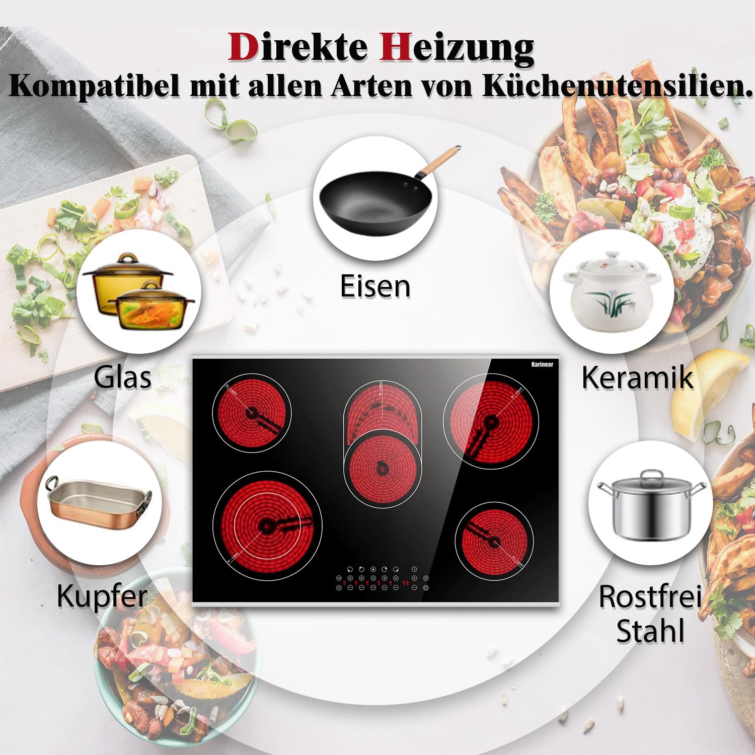 Karinear Glaskeramikkochfeld 5 Platten Einbau, Keramik kochfeld 5 Zonen, 77 cm, Herdplatte 5 Kochfelder, mit Berührungssteuerung, Timer, Kindersicherung, 220-240V, 8400W, Keine Stecker
