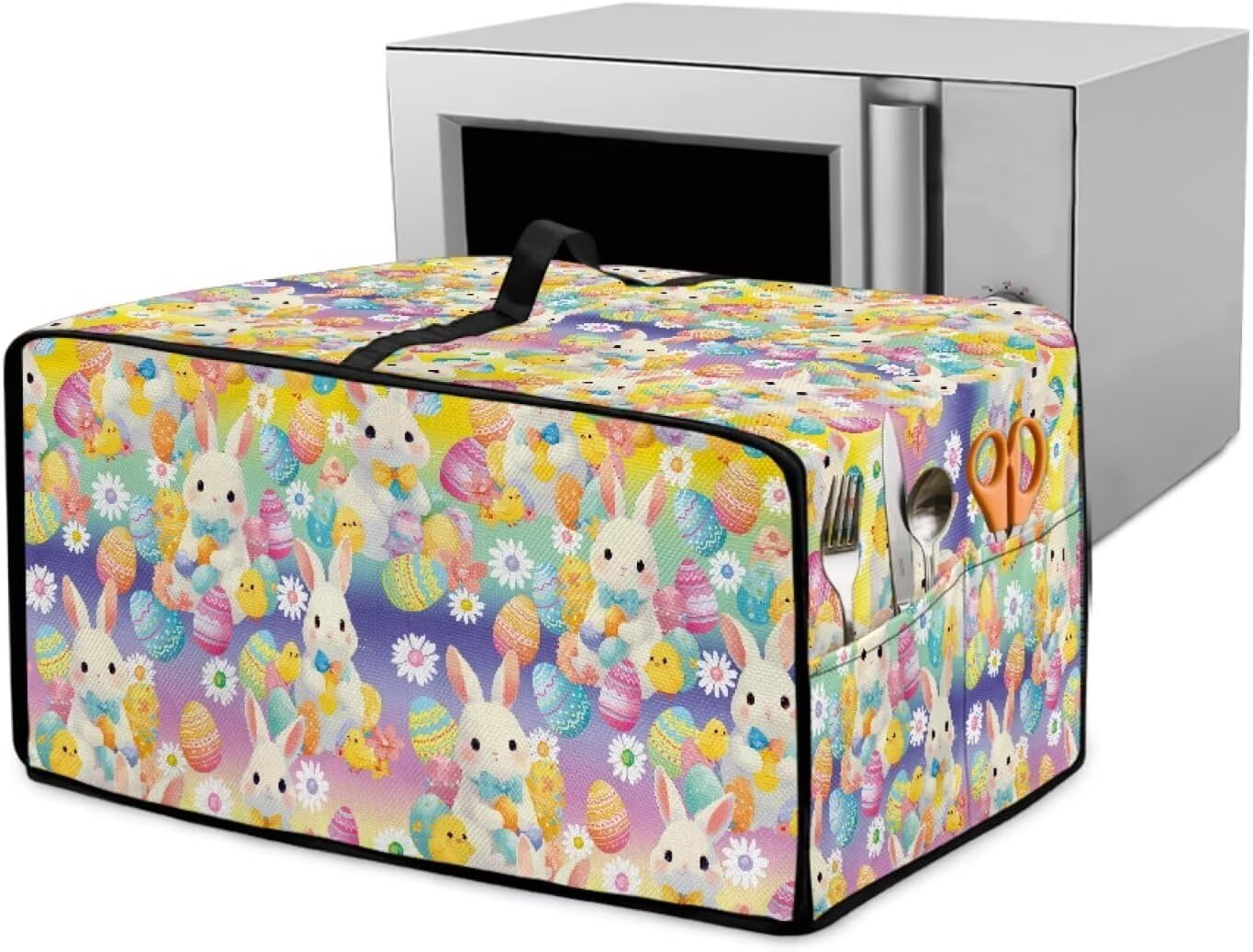Convection Oven Dust Cover with Pockets, Easy to Clean Countertop Convection Oven Cover for Easter Decor, M, 16.5 x 20.5 x 10 Inches, Easter Bunny Eggs Daisy Rainbow Gradient