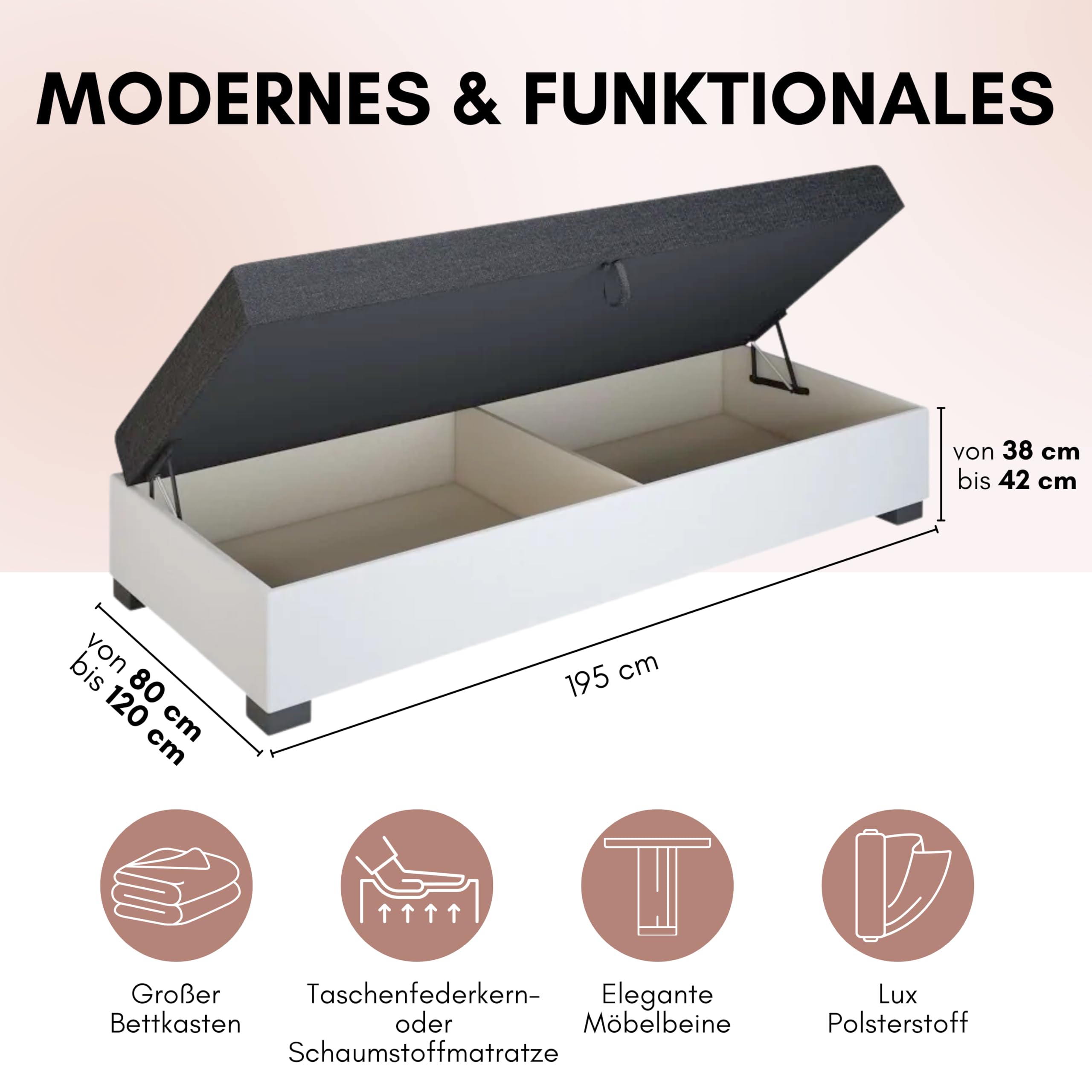 Boxspringbett Iwo 90x195x38 cm mit Schaumstoff Matratze, Bett mit Matratze, Polsterbett mit Bettkasten, Gepolstertes Einzel Bett, Schlafsofa - Schwarzweiß