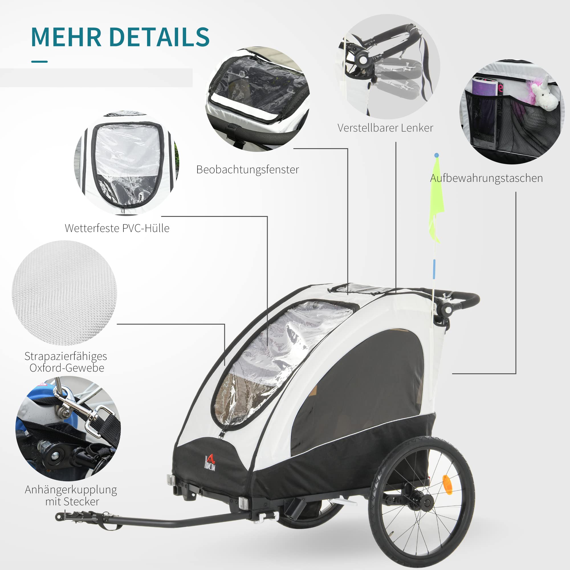 HOMCOM Remorque pour Enfants 3 en 1 Jogger Aluminium Vélo 2 Enfants Drapeau Blanc Noir 150x85x107 cm