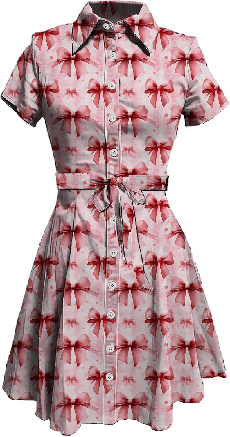 MARSVOVO Cute T Shirt Dress for Women Short Sleeve Button Up Tie Waist Elegant Casual Collared Smocked Midi Dress