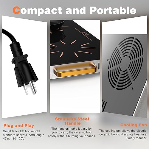 Miniatura 6 de Placa eléctrica de 2 quemadores, estufa eléctrica portátil de 24 pulgadas, 110 V, 2000 W, quemador de remolque de encimera de cerámica con panel de