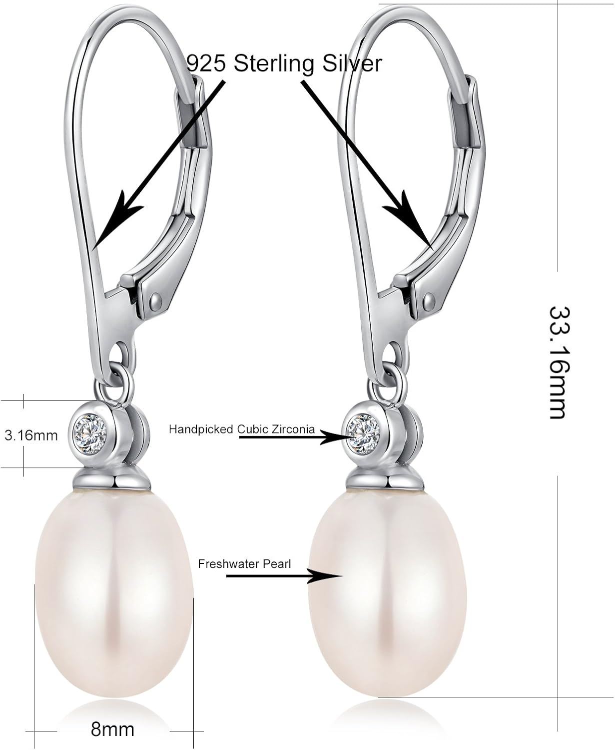 Pearl Earrings Silver Pearl Drop Earrings Diamond Teardrop Pearl Earrings for Women Sterling Silver Tear drop Pearl Earrings Women Dangle Pearl Earrings White Pearl Earrings Leverback Pearl Earrings - Image 5